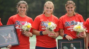 Seniors Kristi Boxx, Abby Guthrie And Gabby Rangel were honored prior to the match. UM photo by Nathan Latil.