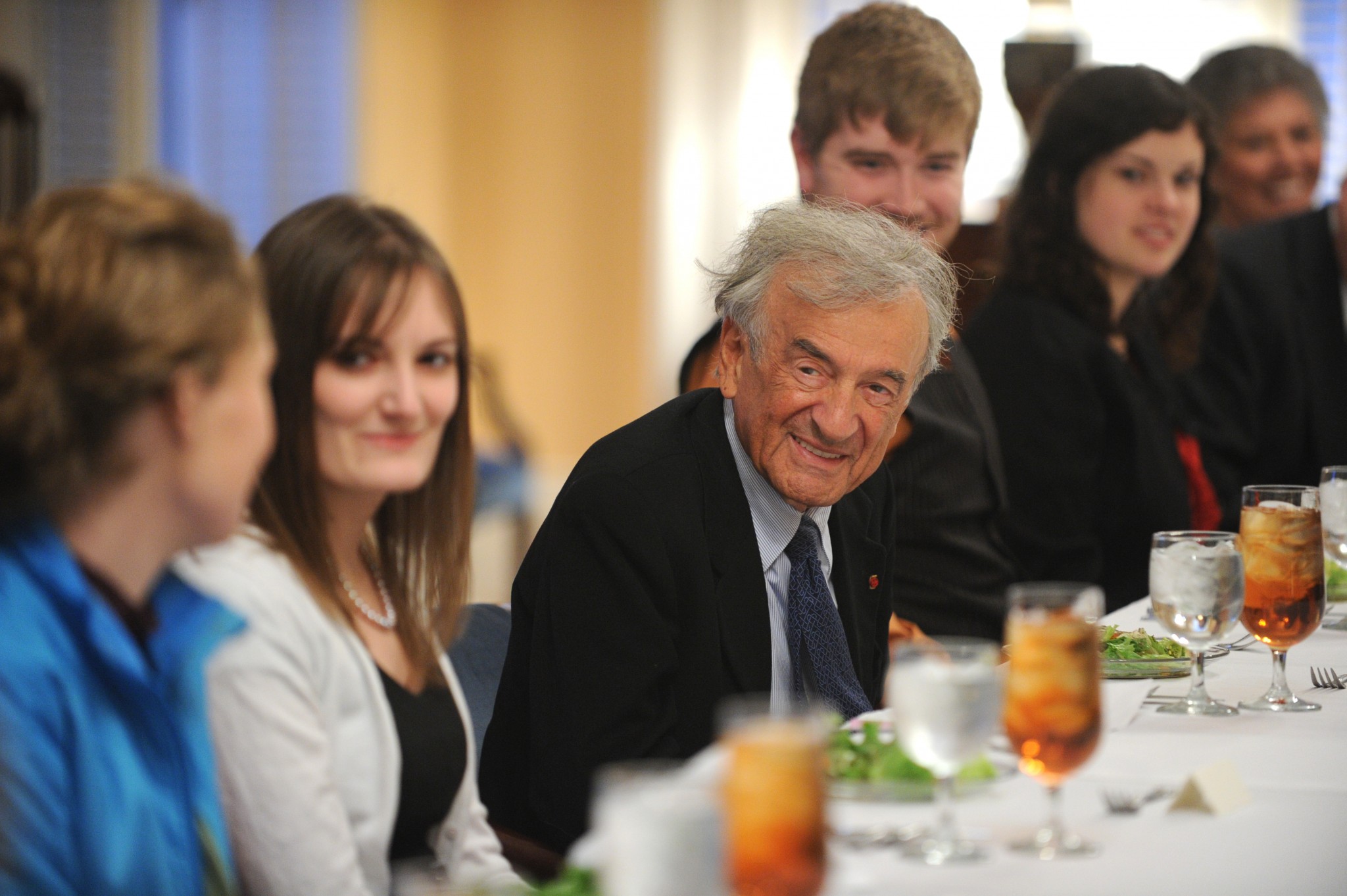 Professor and Nobel Laureate Elie Wiesel speaks with students of the University of Mississippi at a dinner in his honor Monday, Feb. 8, 2010 at The Lyceum. Professor Wiesel is on campus to deliver The Sally McDonnell Barksdale Honors College Spring Convocation Lecture at the Gertrude C. Ford Center for the Performing Arts. Photo by Nathan Latil, UM Brand Photography