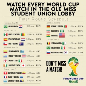 View the 2014 World Cup television schedule. All matches will be shown in the UM Student Union Lobby.