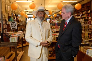 James Meredith speaks with Chancellor Dan Jones at Square Books.  