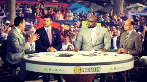 From left to right: Joe Tessitore, Tim Tebow, Marcus Spears, and Paul Finebaum broadcast SEC Nation live from the Grove prior to the Ole Miss - Tennessee football game in fall 2014. Photo by Win Graham.