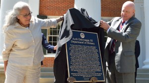 Ms. Martha Dowd Dalrymple and Chancellor Dan Jones unveil the Arch Dalrymple III Department of History plaque at a dedication ceremony. Photo by Robert Jordan/Ole Miss Communications