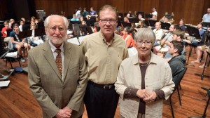 Dr. Charles Hubbert of Memphis, Tennessee, left, and wife Margaret Hubbert have given a lead gift to support an initiative to build band scholarships at the University of Mississippi. Director of University Bands David Willson, center, recently hosted the couple to hear one of the ensembles practice and then perform a concert.