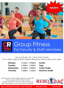 The fall 2015 group fitness for faculty and staff class schedule. 