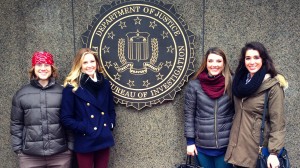 UM students (l to r) Robert Lucas, Rachel Marsh, Jenna Campbell, and Foy Stevenson visit the Federal Bureau of Investigations (FBI) headquarters in Washington D.C. last January. They were participating in the UM StudyUSA program and meeting with numerous officials concerning environmental ethics issues.