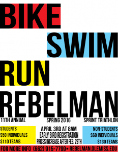The event includes a 440-meter swim at the Turner Center natatorium, 22-kilometer bike ride through the Ole Miss campus and city of Oxford, and a 5.5-K run through campus.