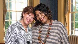 Kidney transplant recipient Charlotte Pegues (right) gets a warm embrace from her living donor and friend Leslie Banahan. (Photo by Robert Jordan, UM Imaging Services)