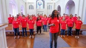 Stella Mbugua and the University of Mississippi Concert Singers take part in a worldwide performance for World Peace Day. The choir's performance in Paris-Yates Chapel was live-streamed on the internet. Photo by Robert Jordan/Ole Miss Communications