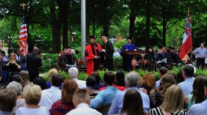 Dean Alex Cheng (in red gown) congratulated School of Engineering graduates during commencement ceremonies.Photo by Robert Jordan/Ole Miss Communications