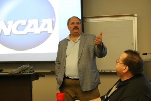 Ron Rychlak, UM professor of law and faculty athletics representative, spoke to attendees about college sports gambling. He co-presented with George McClellan, UM associate professor of higher education. Christina Steube/UM School of Law