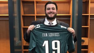 Jonathan Hvozdovic, a senior sport and recreation management major at the University of Mississippi, displays the Philadelphia Eagles’ 2018 Super Bowl trophy during his internship with this Major League Baseball team's Fan Services division. Submitted photo
