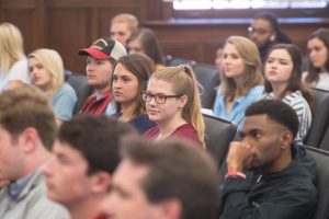 University of Mississippi journalism and integrated marketing and communications students at the School of Journalism and New Media listen to famed broadcast journalist and UM alumnus Shepard Smith speak Friday (Oct. 18). Photo by Kevin Bain/Ole Miss Digital Imaging Services