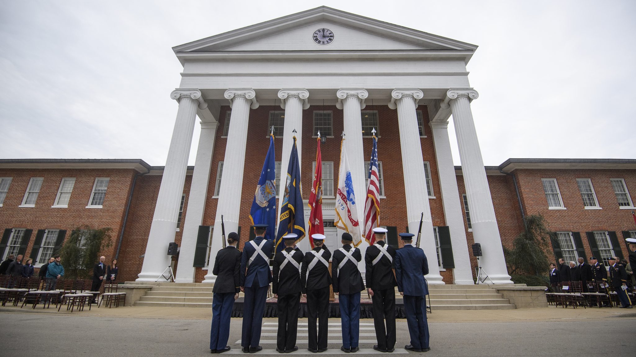 University of Mississippi ROTC cadets, midshipmen and Marines present the colors at the pass in review Thursday, Nov. 14, 2019 for UM Chancellor Glenn Boyce. Photo by Thomas Graning/Ole Miss Digital Imaging Services 
