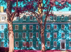 A hypercolorized projection of a blue house for the set of Legally Blonde
