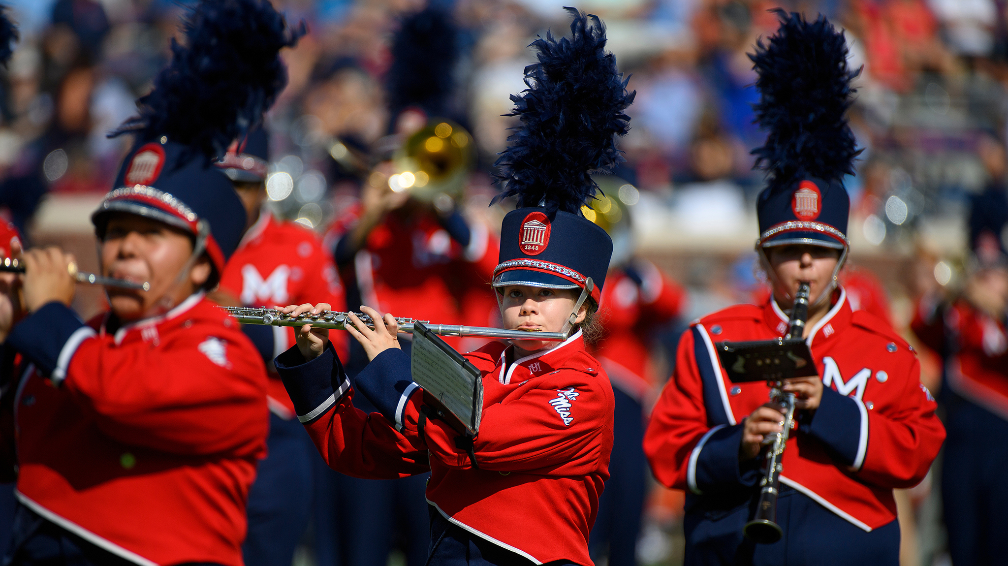 The Pride of the South marching band performs at halftime of the 2021 Ole Miss-Arkansas football game in Vaught-Hemingway Stadium
