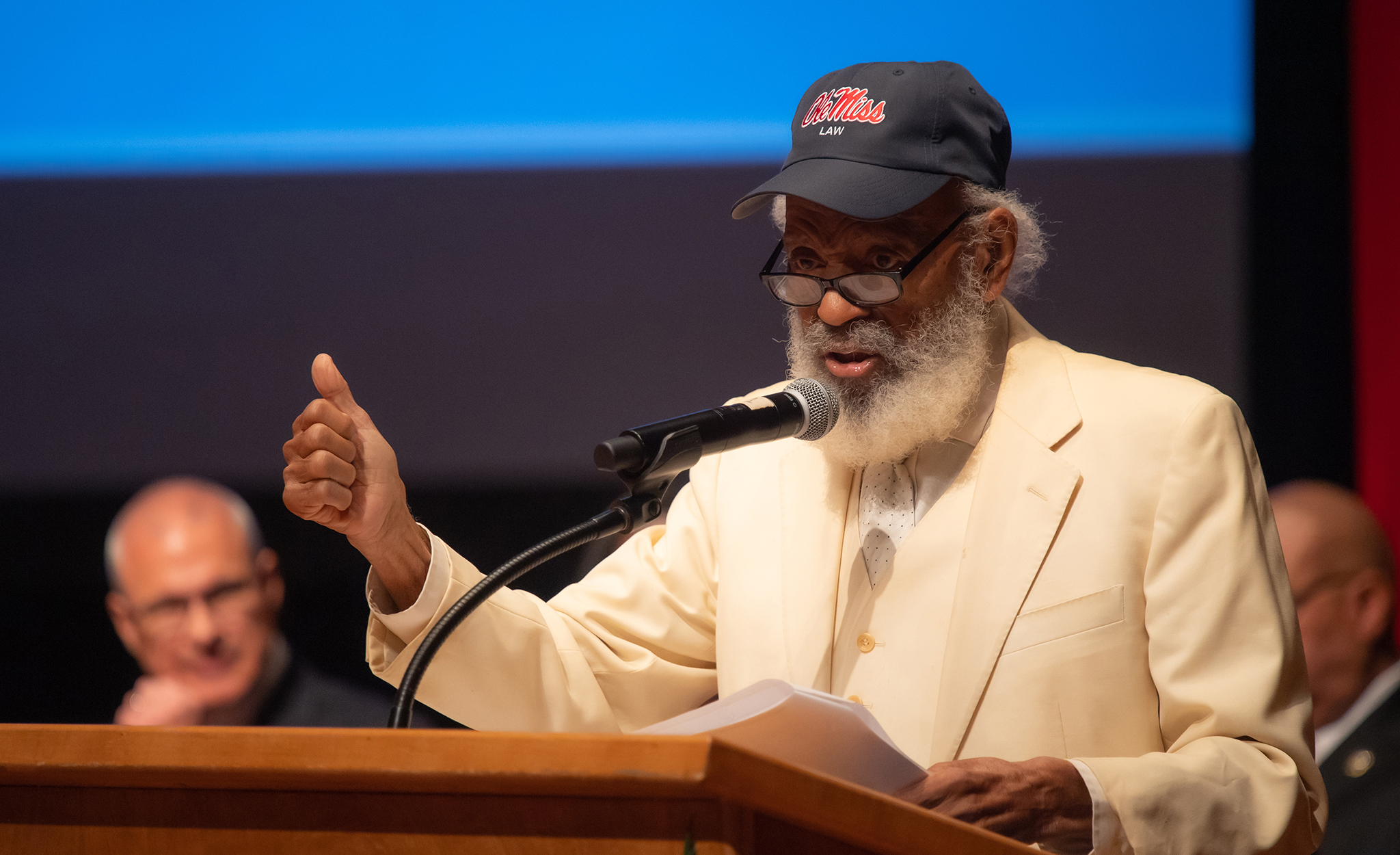James Meredith speaks Sept. 28 during ‘The Mission Continues: Building Upon the Legacy,’ a signature event honoring the 60th anniversary of his enrollment at the university. As part of the proceedings, officials presented Meredith with a book of nearly 100 letters from people whose lives he touched. Photo by Kevin Bain/Ole Miss Digital Imaging Services