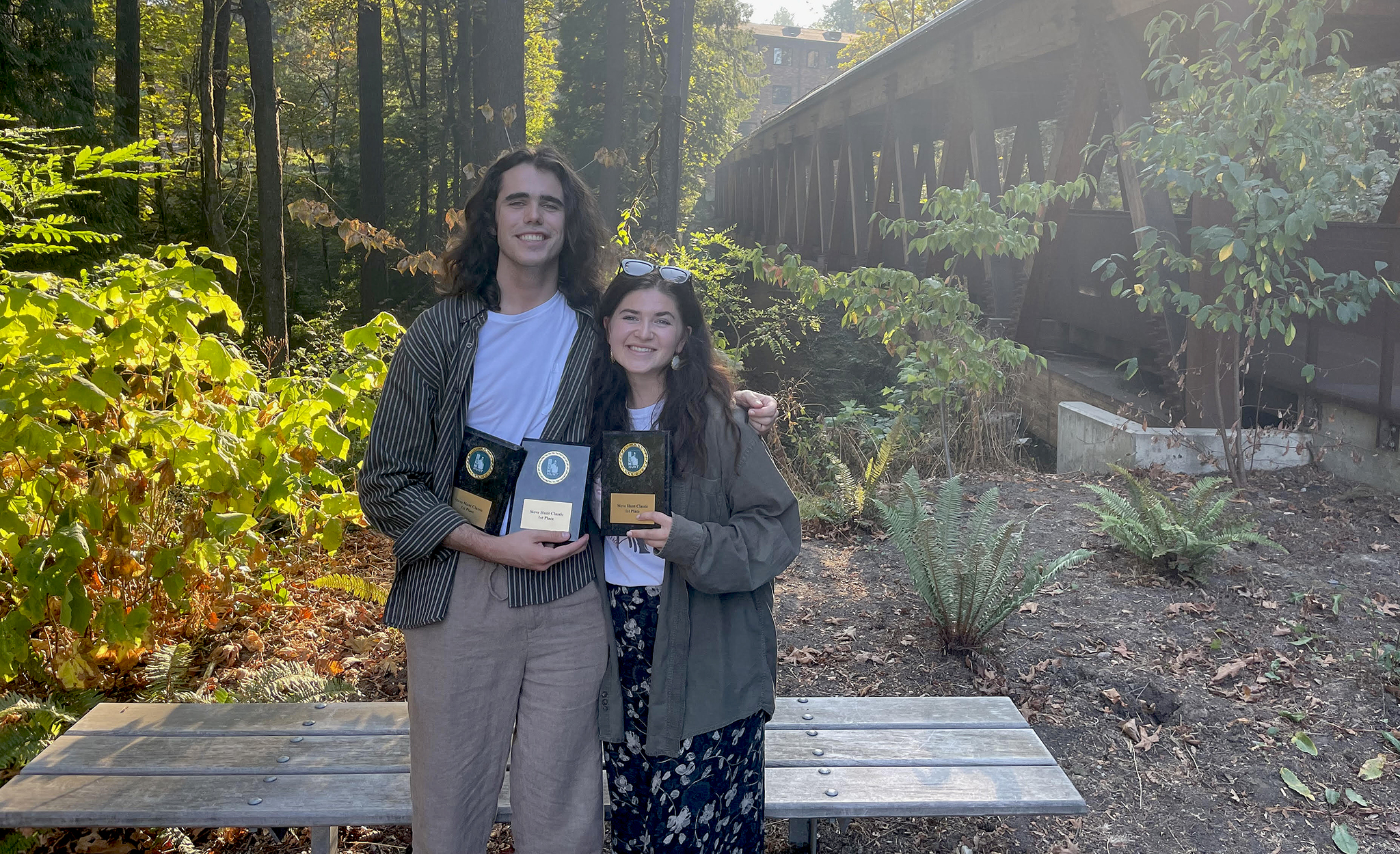 UM students Spencer Heitman (left) and Katherine Broten show off their awards from the national championship debate tournament hosted by Lewis & Clark College. Heitman and Broten, both members of the UM Warren Debate Union, finished first overall in the competition. Submitted photo