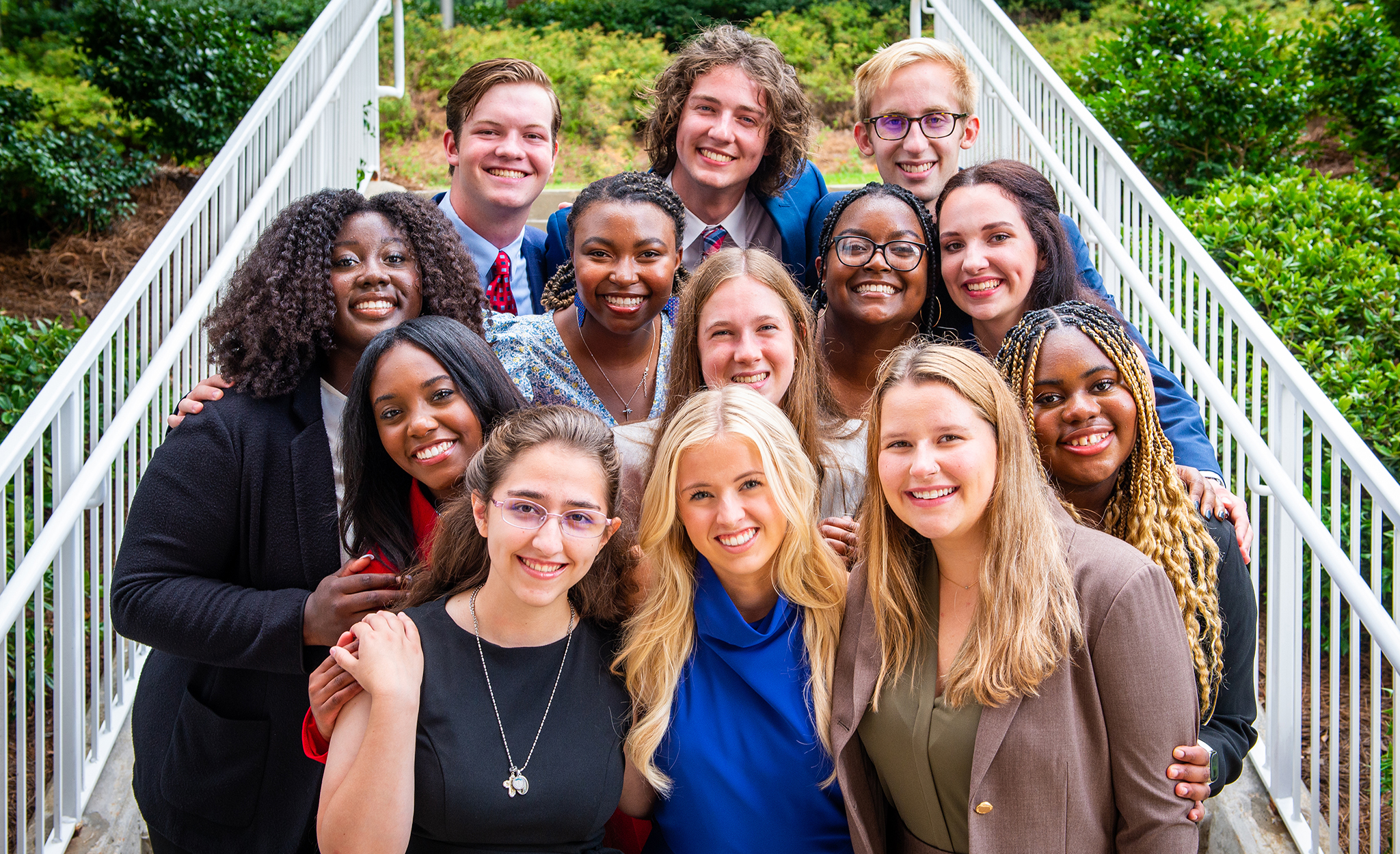Stamps Scholars are selected based on academic excellence, leadership experience and exceptional character. UM freshmen in the Class of 2026 cohort are (front, from left) Mary-del Jansen, Amber Amis and Ryleigh Johnson; (second row) Yasmine Ware, Olivia Bacon and Dymond Mitchell; (third row) Jasmine Sanders, Layla Ashley, Carolena Graham and McKenzie Cox; and (fourth row) Ethan Roberts, Hayden Walker and Andrew Nichols. Photo by Bill Dabney/UM Foundation