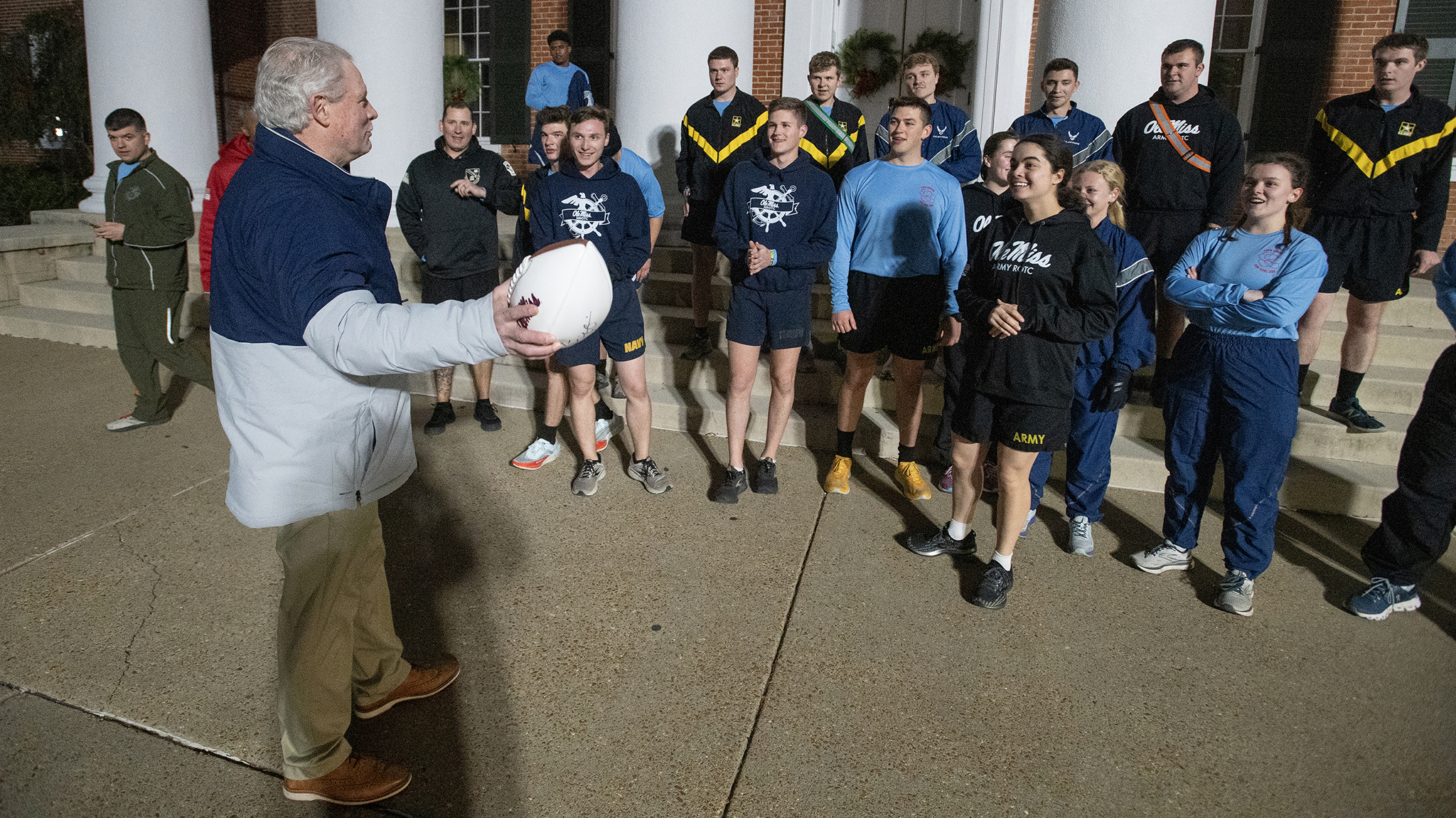 Chancellor Glenn Boyce addresses cadets of the Magnolia Battalion after the 10th annual Egg Bowl Run, in which Ole Miss and Mississippi State cadets relayed the Egg Bowl game ball nearly 100 miles across north Mississippi. Photo by Thomas Graning/Ole Miss Digital Imaging Services