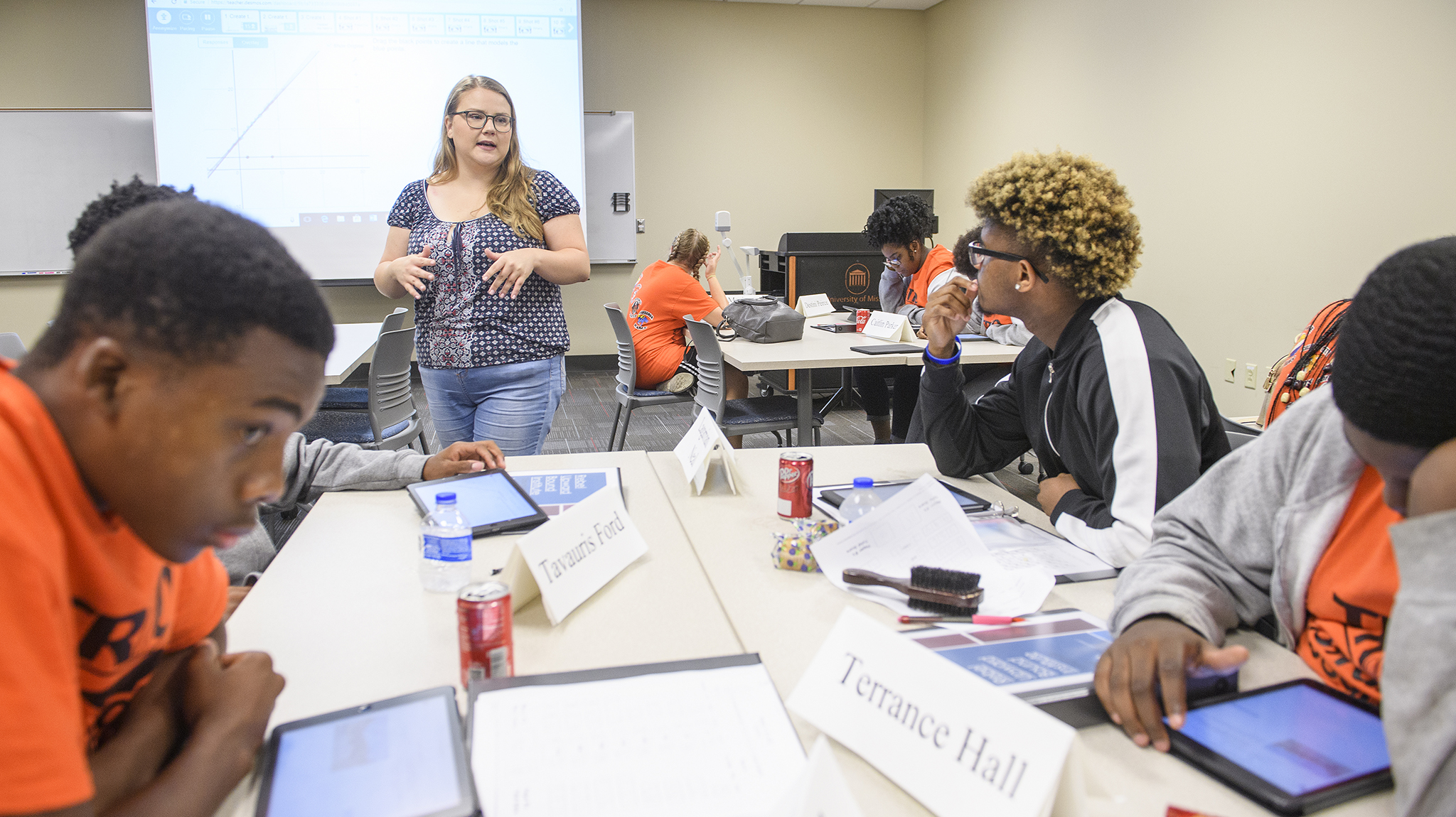 A graduate student in the UM Center for Mathematics and Science Education instructs Rebel Upward Bound Institute students during a classroom session in 2018. A $400,000 National Science Foundation CAREER Grant will allow Rizwanur Khan, assistant professor of mathematics, to continue the institute, a summer mentoring program for students in Calhoun and Yalobusha counties. Photo by Thomas Graning/Ole Miss Digital Imaging Services