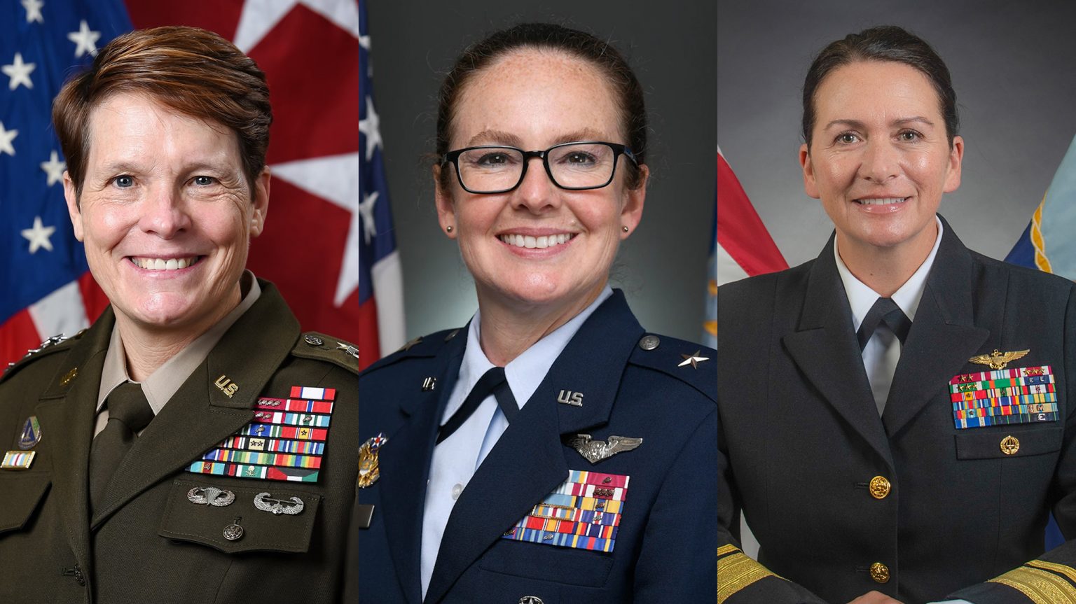Lt. Gen. Maria R. Gervais (left), Brig. Gen. Stacy Jo Huser and Rear Adm. Nancy Lacore are set to speak Feb. 9 at the Gertrude C. Ford Center for the Performing Arts about their experience with diversity and inclusion as female leaders in the U.S. Army, Navy and Air Force. The session is part of a collaborative speaker series organized by the university’s Army ROTC and Trent Lott Leadership Institute. Submitted photos