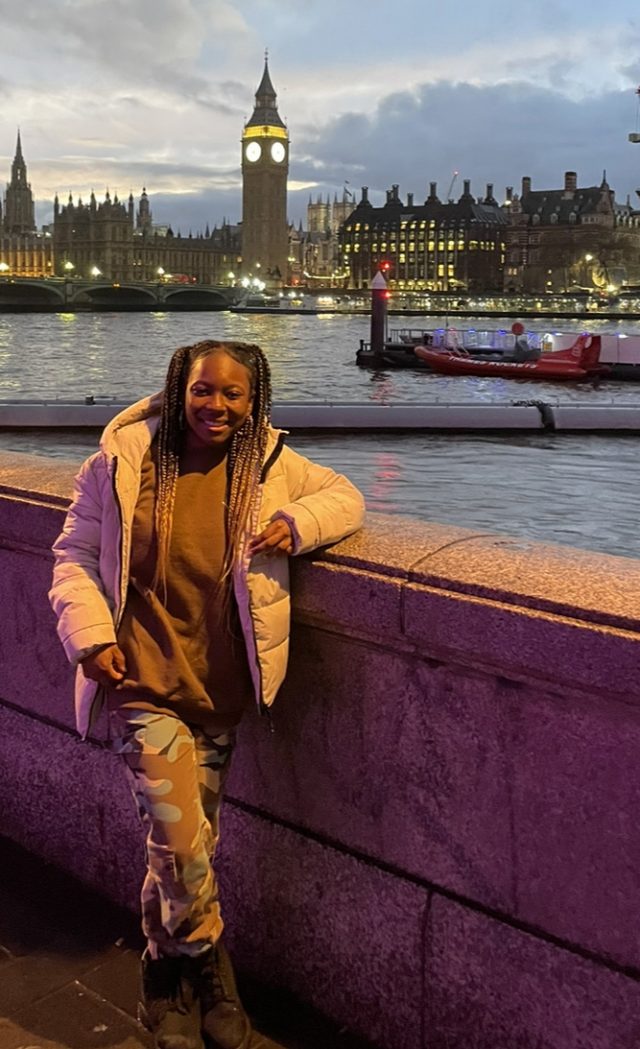 Senior Eboni Eddins takes in the sights of London while on a winter break study abroad trip. Eddins learned about health care in London both in class and as a patient. She hopes that the experience will ultimately help her affect positive change in the U.S. health care system. Submitted photo