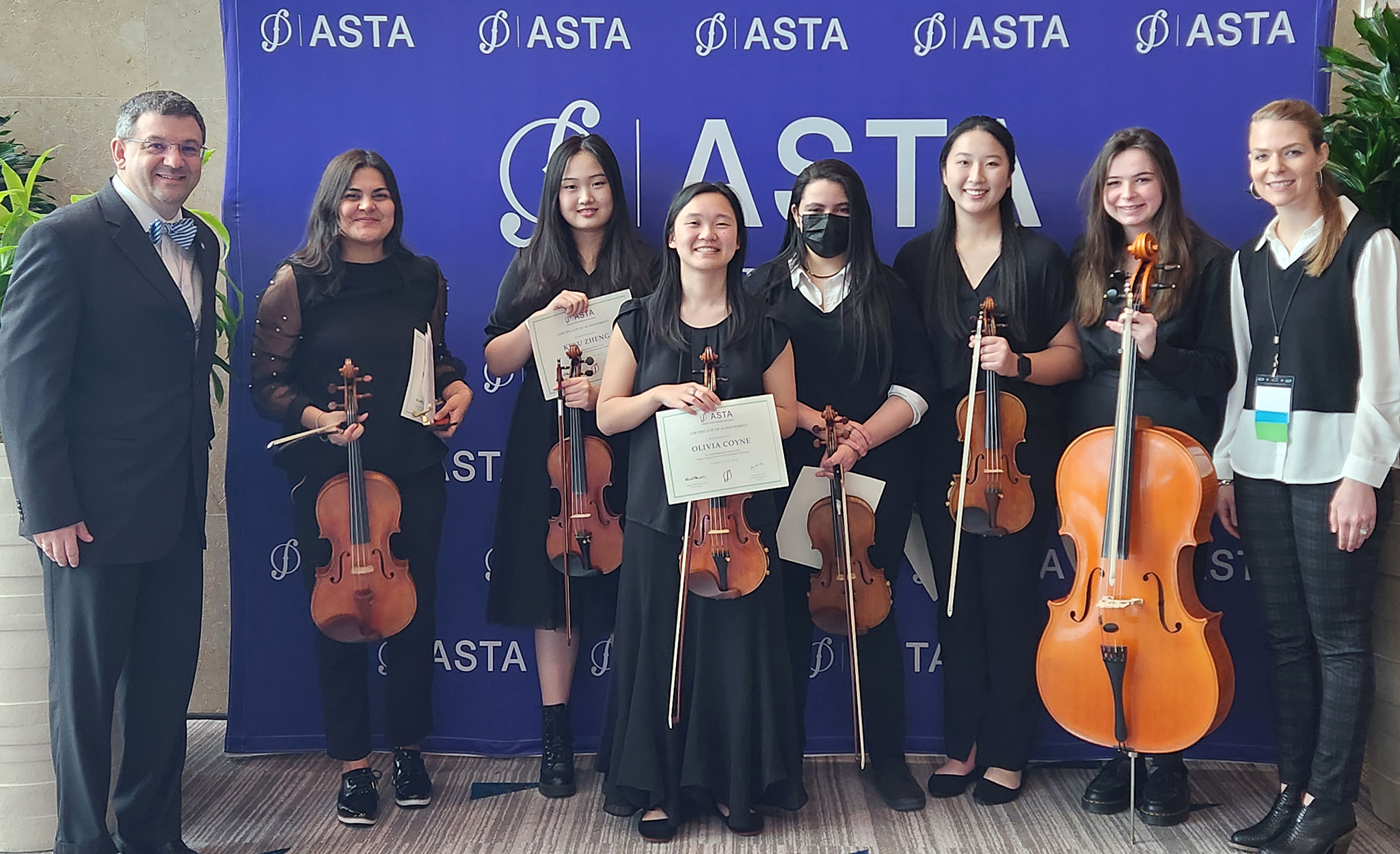 Music professor Selim Giray (left) accompanies Ole Miss music students Paola Betanco, Keyu Zheng, Olivia Coyne, River DioLallevi, Linna Zheng and Holly Bleeden, and instructor Christine Kralik at the American String Teachers Association’s national conference in Orlando, Florida. The students were chosen through a competitive audition process to perform at the conference. Submitted photo