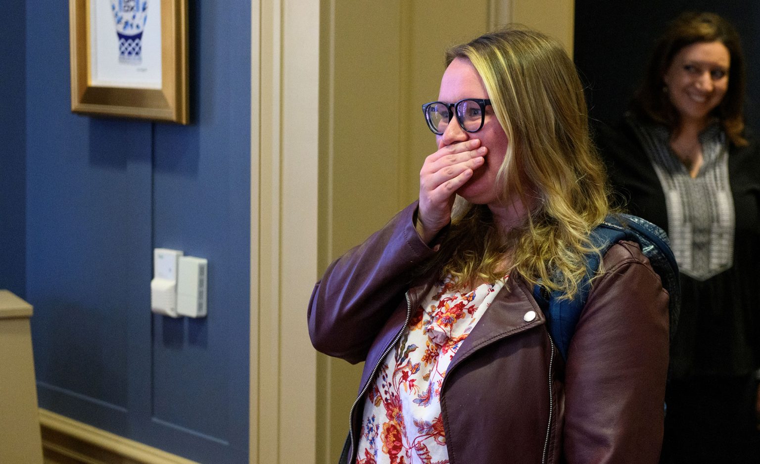 Madeleine Dotson reacts to the news that she has been named as a 2023 Truman Scholar on Monday (April 10) in the chancellor’s office in the Lyceum. Photo by Thomas Graning/Ole Miss Digital Imaging Services