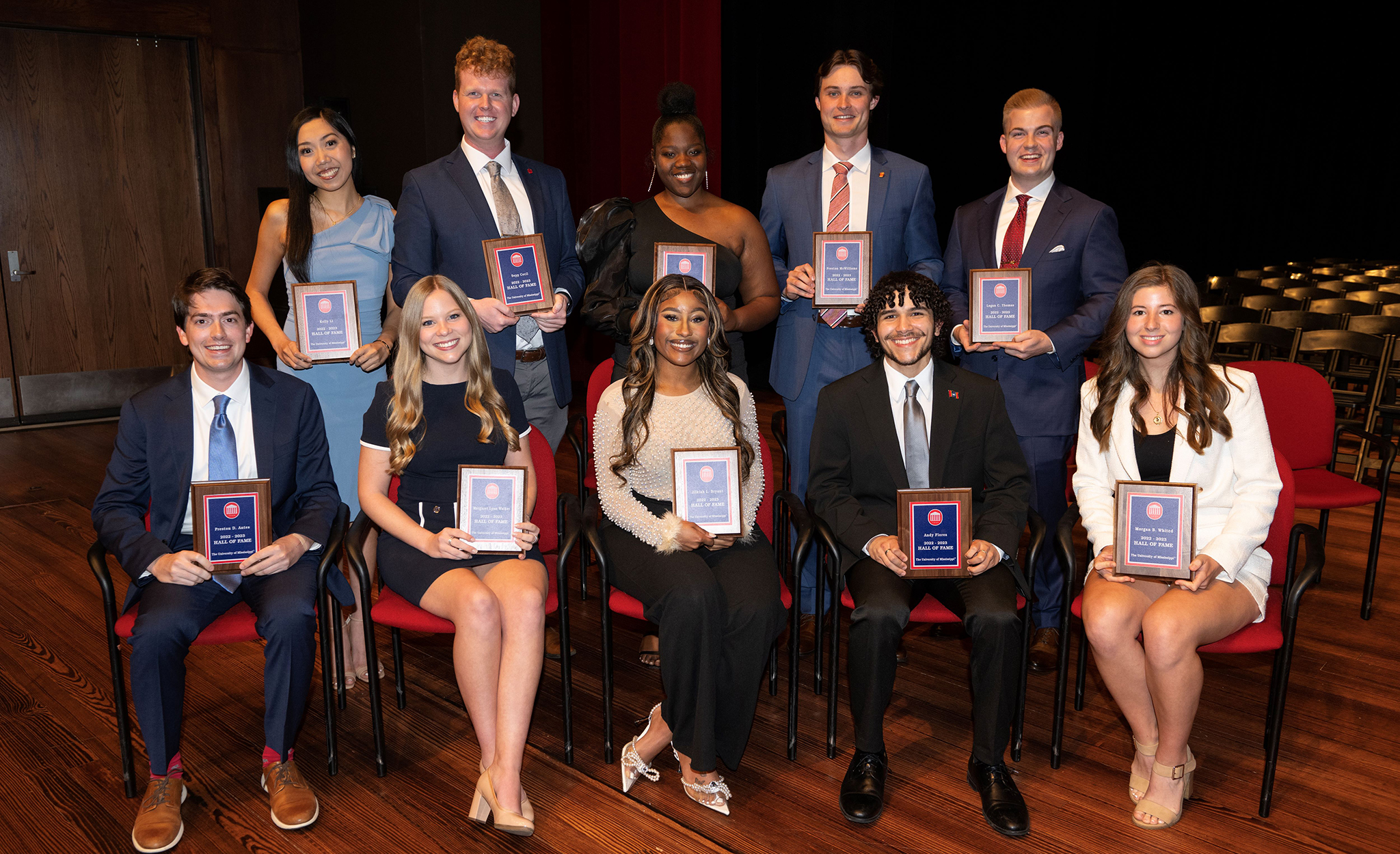 The 2022-23 inductees to the university’s student Hall of Fame celebrate April 14 following a ceremony in their honor at the Gertrude C. Ford Center for Performing Arts. Photo by Thomas Graning/Ole Miss Digital Imaging Services