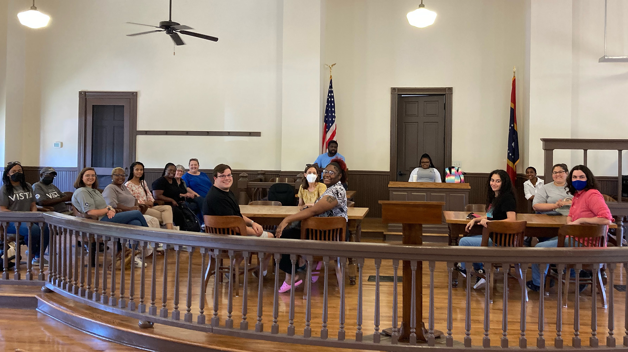 Members of the North Mississippi VISTA Project learn about the Emmett Till case in the courthouse where the trial for Till’s murder took place in Sumner. The visit was part of a tour of Mississippi Delta sites for the VISTAs. Submitted photo