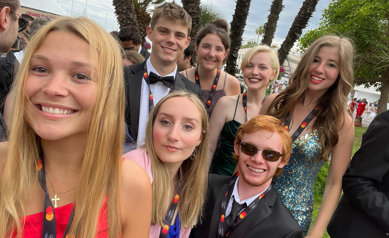 UM students (front, from left) Henri Long, Grace Azordegan and Bryce Barrett and (back, from left) Cooper Carrico, Megan Hughes, Miranda Tate and Morgan Whited wait for the premiere of ‘Indiana Jones and the Dial of Destiny’ at the Cannes Film Festival. Submitted photo