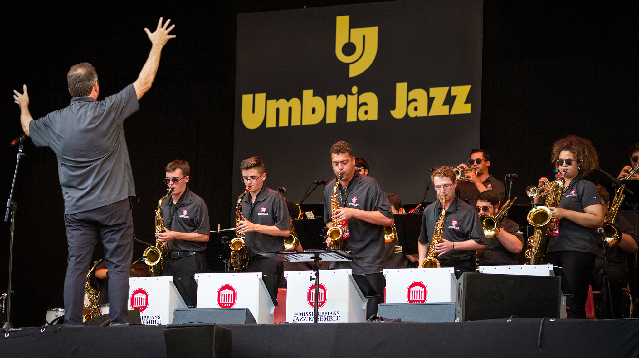 The Mississippians jazz ensemble performs in 2018 at the Umbria Jazz Festival in Perugia, Italy. Celebrating its centennial at the university, the student ensemble returns to Europe in July to play at three renowned music festivals. Photo by Mattia Alunni Cardinali