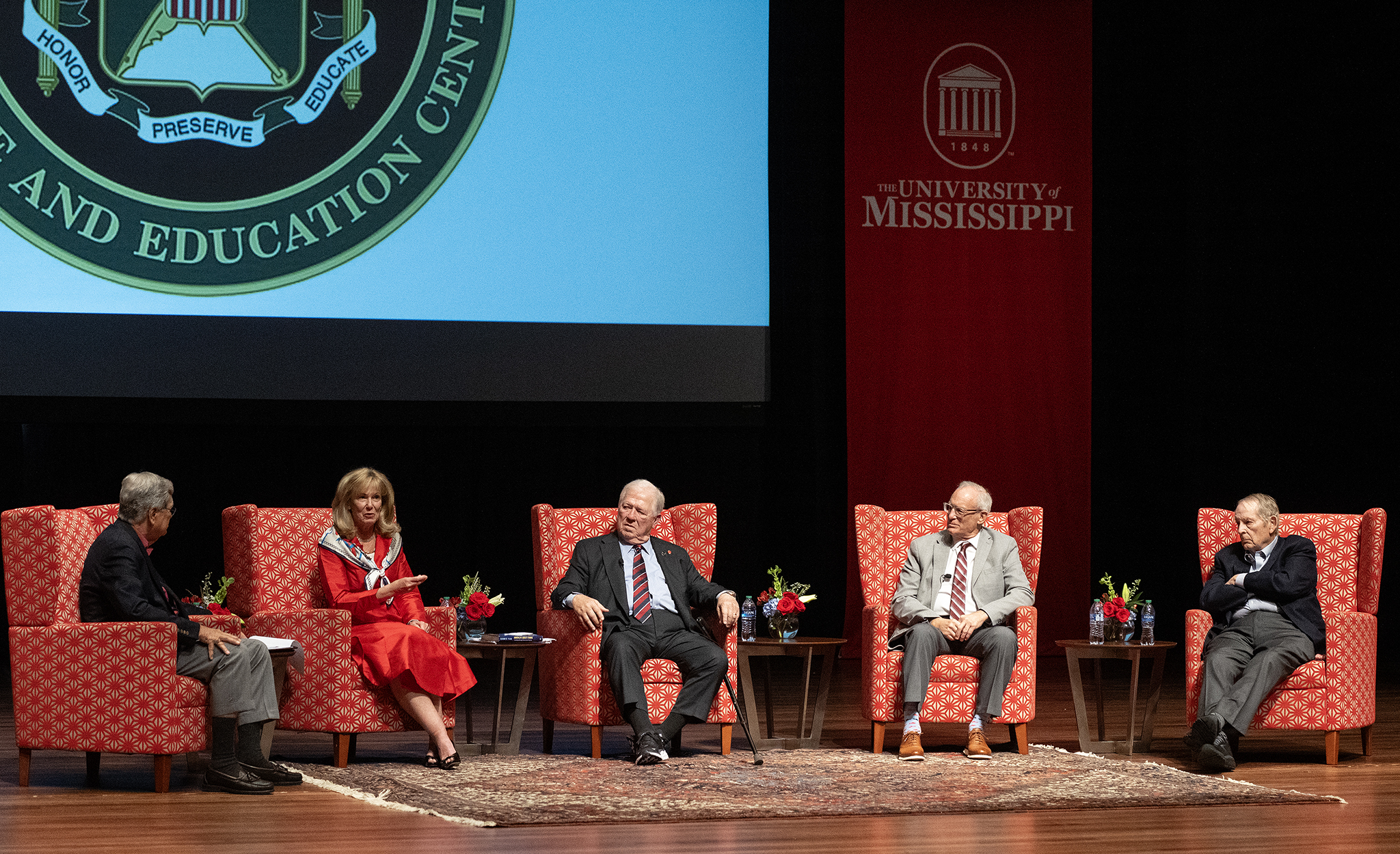 Former U.S. Sen. Trent Lott (left), Dr. Deborah Birx, former Mississippi Gov. Haley Barbour, former Pennsylvania press secretary Paul Critchlow and former White House Chief of Staff Sam Skinner discuss the challenges and lessons of leadership through crisis and national tragedy at the Gertrude C. Ford Center for the Performing Arts. The panel was hosted by the Army Heritage Center Foundation and the BGR Group and coordinated by the university’s Trent Lott Leadership Institute. Photo by Thomas Graning/Ole Miss Digital Imaging Services