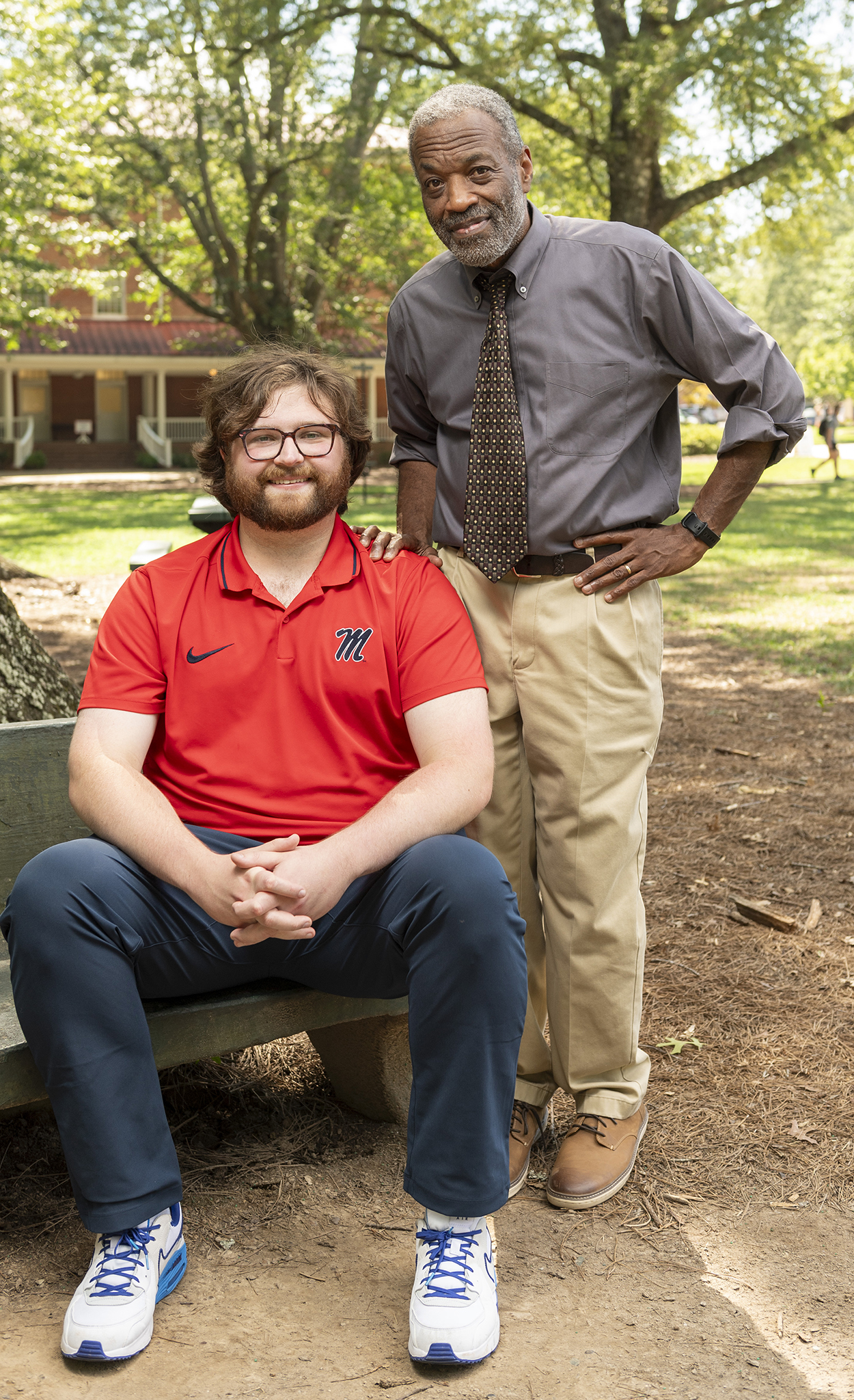 When Randy Morgan (left) was struggling in his graduate studies, he turned to sociology professor Kirk Johnson for help. The support Johnson gave him led Morgan to finish his graduate degree at Ole Miss, where he teaches Sociology 101. Photo by Srijita Chattopadhyay/Ole Miss Digital Imaging Services