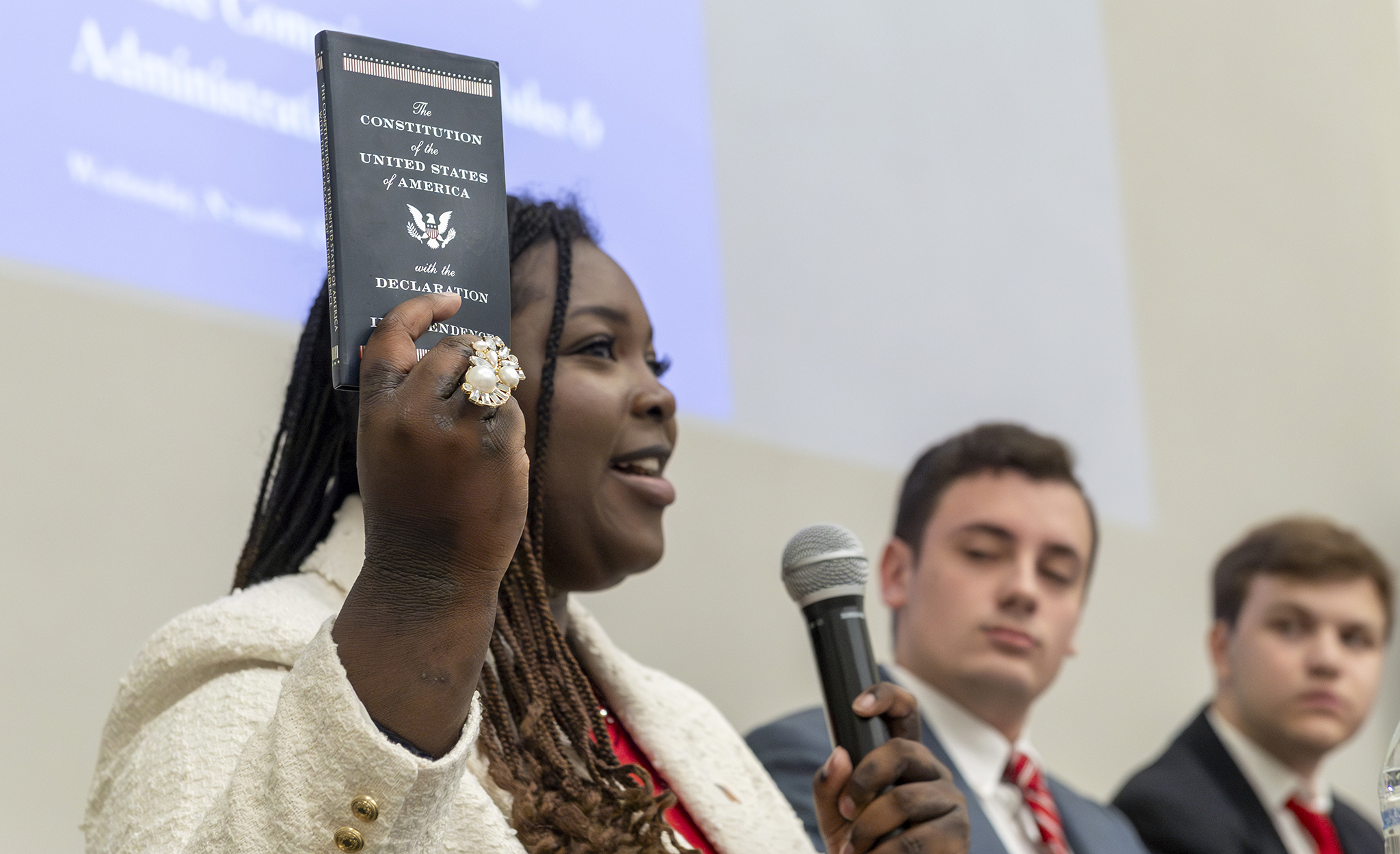 Freshman public policy leadership major Aminata Ba, of Southaven, gives an opening statement at Wednesday’s mock congressional hearing. Photo by Srijita Chattopadhyay/Ole Miss Digital Imaging Services